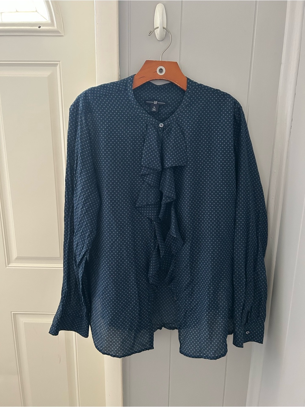 GAP Navy Blue Polka Dot Ruffle Blouse